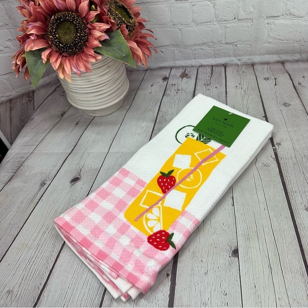 NWT Kate Spade Pink White Gingham Kitchen dish Towel strawberry lemonade